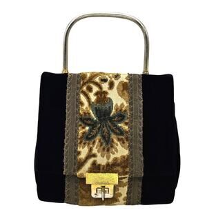 Vtg 60s 70s Black Velvet Tapestry Carpet Bag Purse Handbag Gold Metal Handle MCM